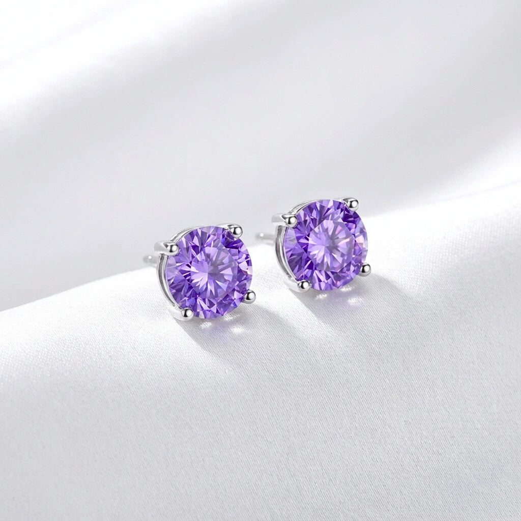 February Round Cut Birthstone Stud Earrings - Sterling Silver with Amethyst-Tone Zircon