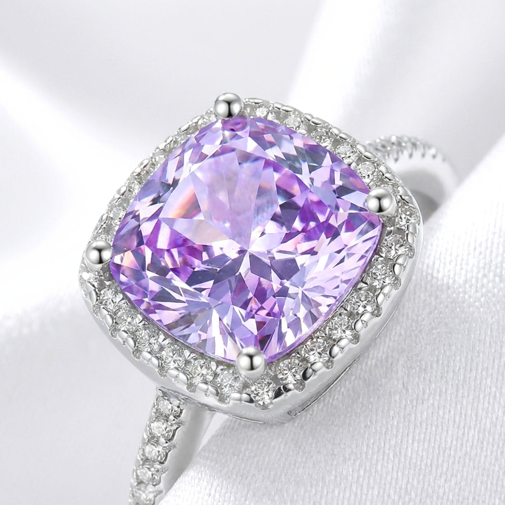 February Cushion Cut Birthstone Halo Ring - Sterling Silver with Amethyst-Tone Zircon