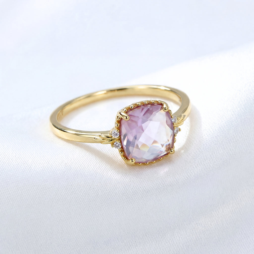 February Cushion Cut Birthstone VIntage Ring - Gold Plated Sterling Silver with Amethyst-Tone Zircon
