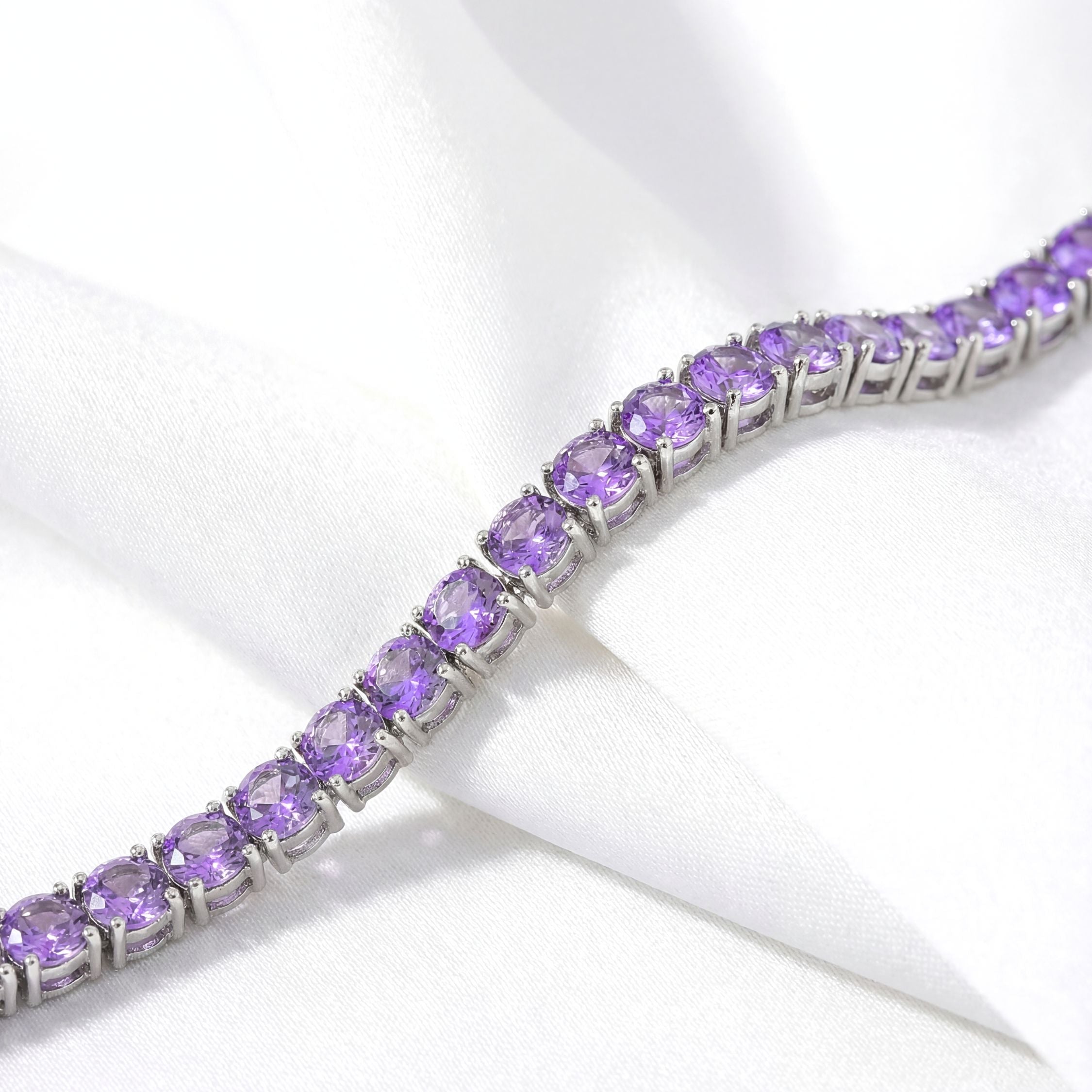 February Round Cut Birthstone Tennis Bracelet - Stainless Steel with Amethyst-Tone Zircon