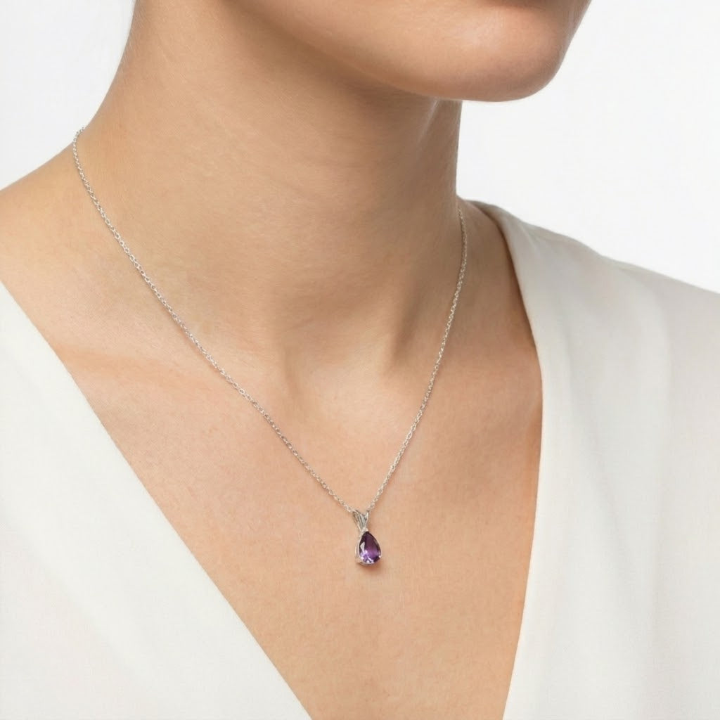 February Pear Cut Birthstone Pendant Necklace - Sterling Silver with Amethyst-Tone Moissanite