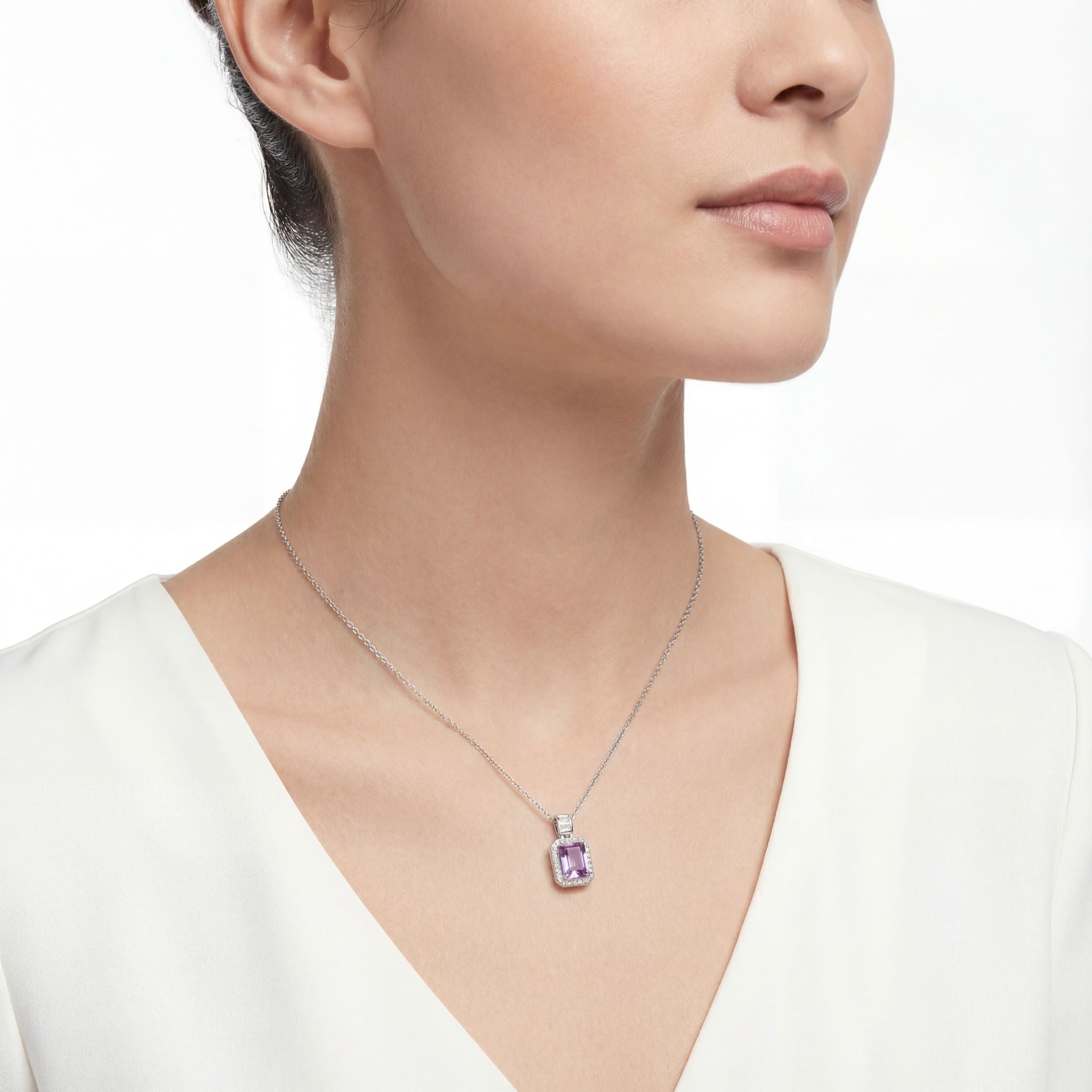 February Emerald Cut Birthstone Halo Pendant Necklace - Sterling Silver with Amethyst-Tone Zircon