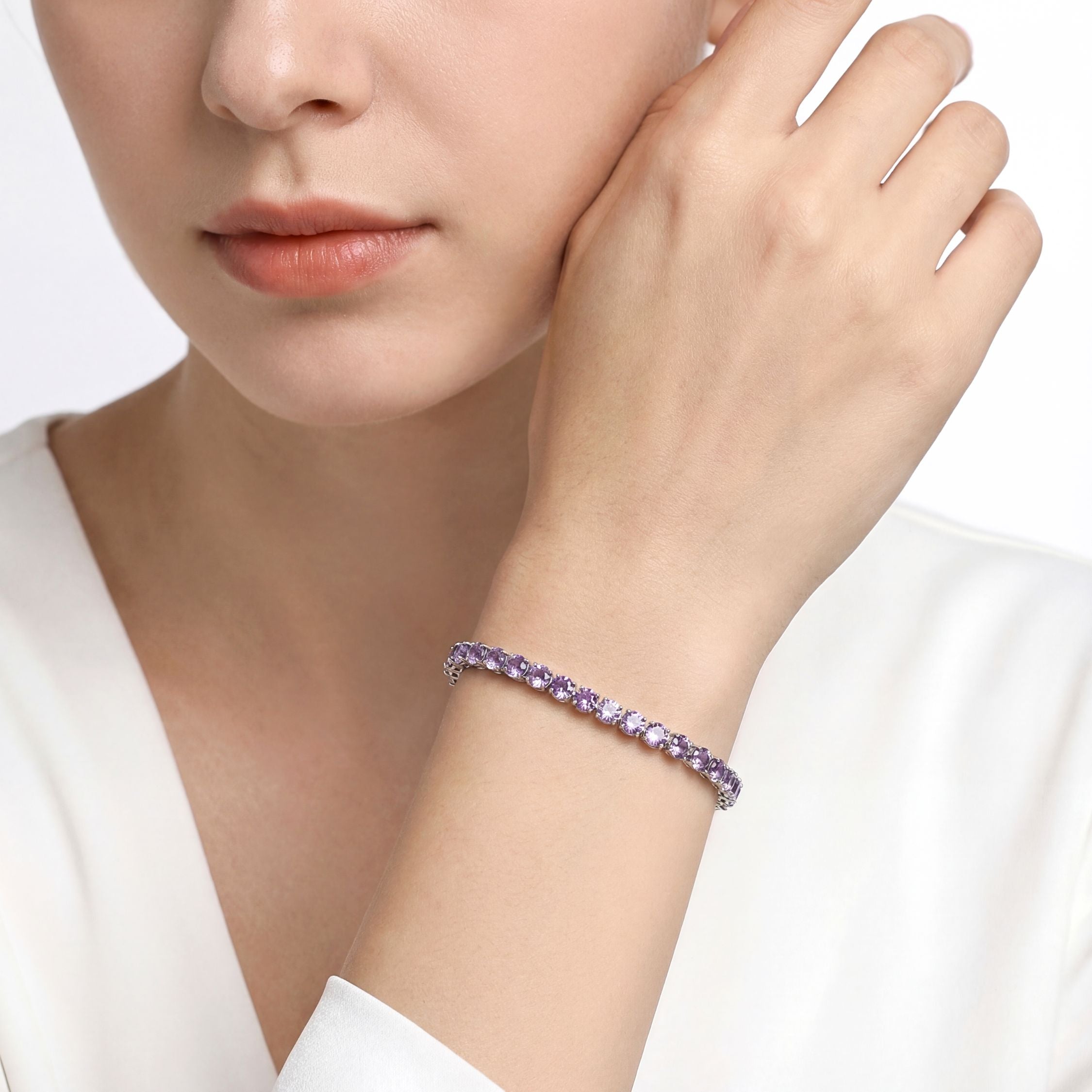 February Round Cut Birthstone Tennis Bracelet - Stainless Steel with Amethyst-Tone Zircon